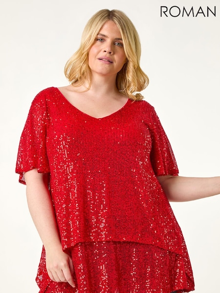 Roman Red Curve Flare Sleeve Sequin Blouse (Y35485) | R$ 665