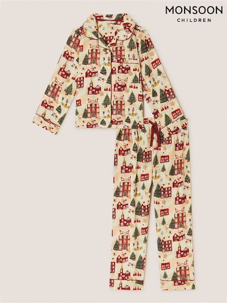 Monsoon Cream Christmas Scene Print Long Pyjamas Set (Y35524) | AED185 - AED213