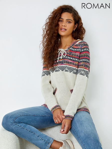 Roman White Nordic Print Hooded Jumper (Y35567) | €60