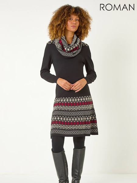Roman Red 2 in 1 Nordic Print Scarf Neck Knitted Dress (Y35568) | €86