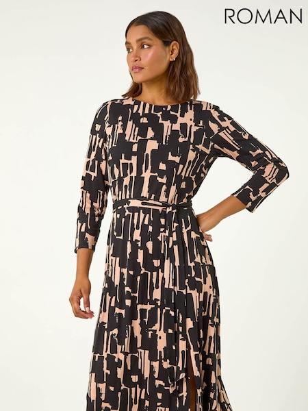 Roman Black Stretch Abstract Belted Dress (Y35600) | €64