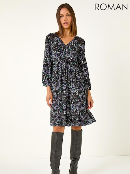 Roman Blue Floral Print Lace Trim Dress (Y35608) | R$ 580