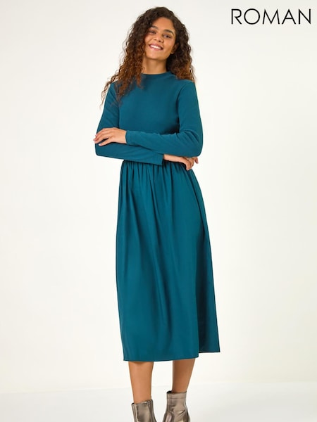 Roman Cotton Stretch Jersey Mix Midi Dress (Y35612) | R$ 580