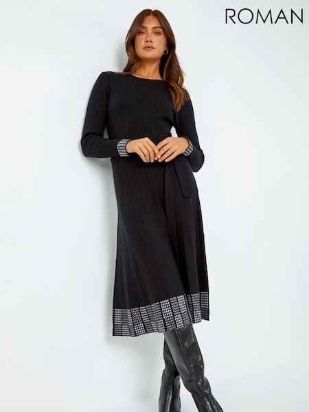 Roman Black Ribbed Stretch Knit Border Print Dress (Y35615) | R$ 665