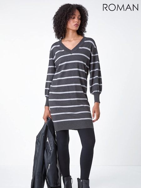 Roman Grey Stripe Print Knitted Jumper Dress (Y35618) | €58