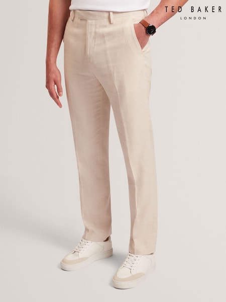 Ted Baker Cream Ted Baker Blue Givrant-Slim Fit Linen Blend Trousers (Y35929) | SGD 250