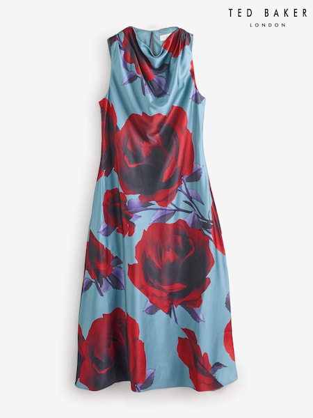 Ted Baker Blue Harrlia- Printed Draped Neck Midi Dress (Y35948) | €264