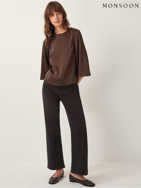 Monsoon Brown Ingrid Bell Sleeve Satin Blouse (Y35988) | €69