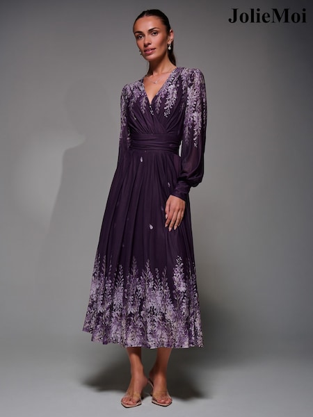 Jolie Moi Purple Long Sleeve Printed Mesh Midaxi Dress (Y35995) | €113