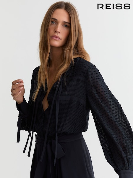 Reiss Navy Katerina Embroidered Long-Sleeve Belted Playsuit (Y36036) | 1,823 QAR