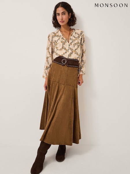 Monsoon Brown Macy Suedette A-Line Midi Skirt (Y36061) | €86