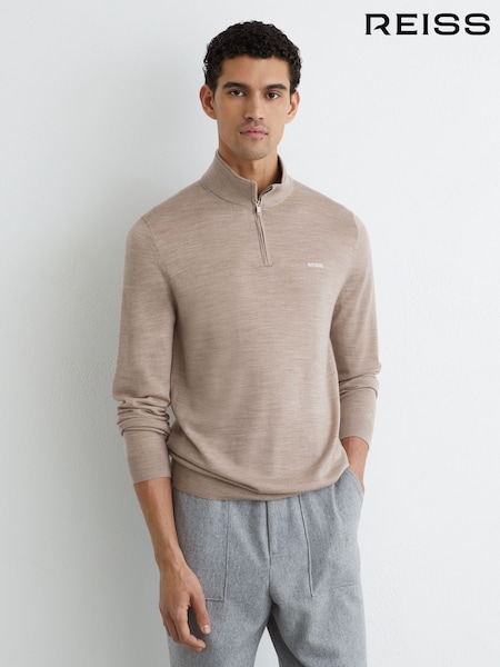 Reiss Wheat Melange Osborne Merino Wool Half-Zip Logo Jumper (Y36084) | kr2 161