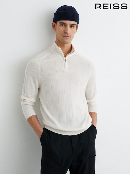 Reiss Snow White Findlay Merino Wool Wide-Rib Half-Zip Jumper (Y36105) | €182