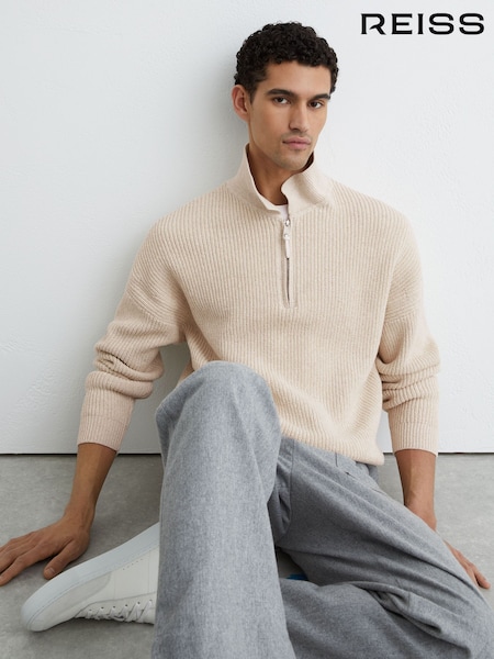 Reiss Oatmeal Melange Prop Cotton-Blend Rib Half-Zip Polo Jumper (Y36109) | AZN 408