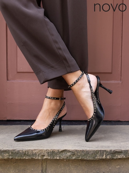 Novo Black Wide Fit Italia Stud Detail Ankle Strap Point Courts (Y36115) | €48
