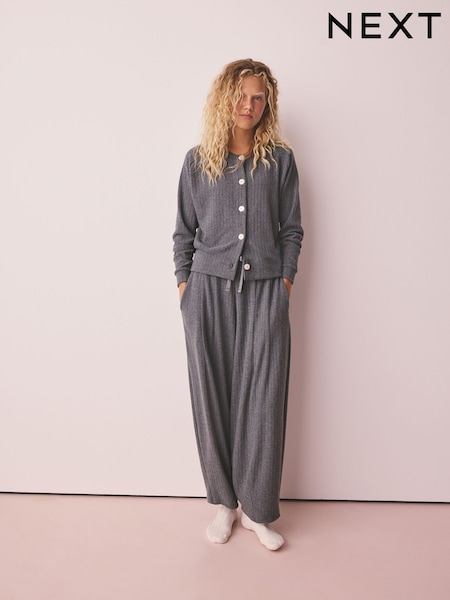 Grey - Cardigan And Barrel Leg Cosy Lounge Set