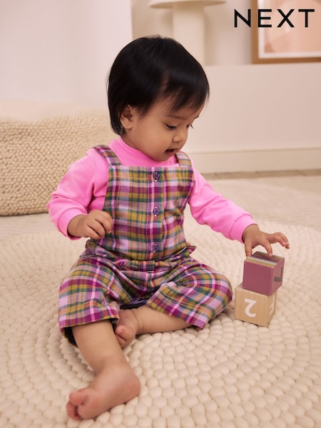 Green Check - Baby Long Sleeve Bodysuit And Woven Dungarees Set 2 Piece (0mths-2yrs)