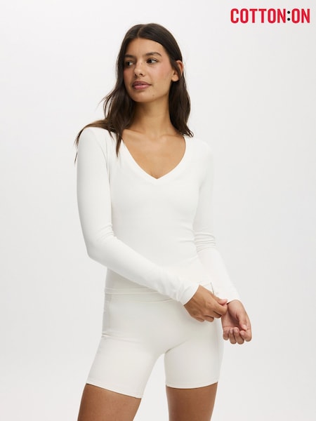 Cotton On Cream Ultra Soft Plunge Front Long Sleeve Top (Y36520) | LEI 168