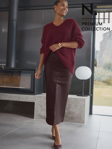 בורדו - N. Premium Genuine Leather Midi Skirt (Y36606) | ‏551‏₪