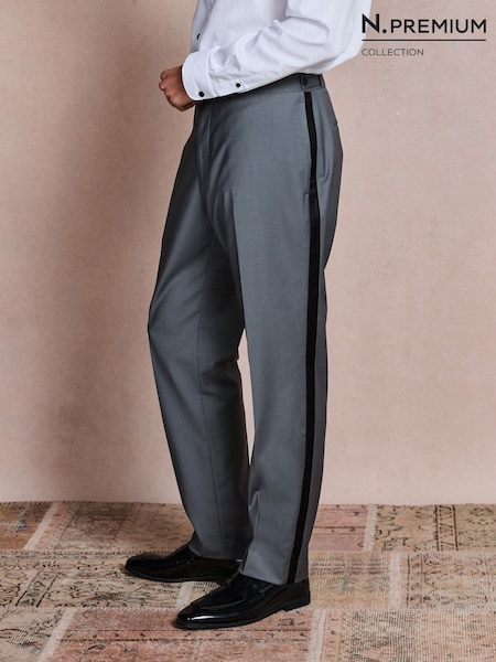 Mid Blue - Regular N. Premium Tailored Fit With Wool Tuxedo Suit Trousers With Tape Detail