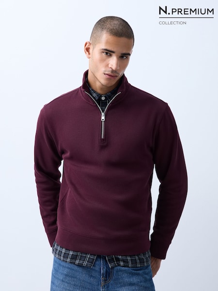 Burgundy Red - Regular N.premium Smart Rib Textured Quarter Zip Sweat Top