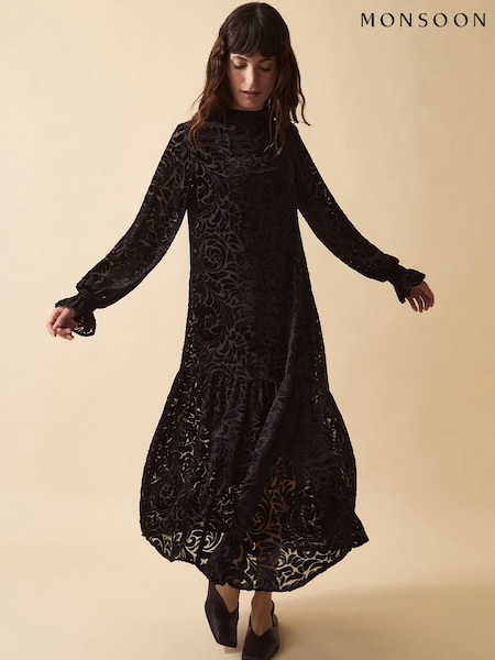 Monsoon Black Clemence Gigi Velvet Burnout Maxi Dress (Y36918) | SGD 387