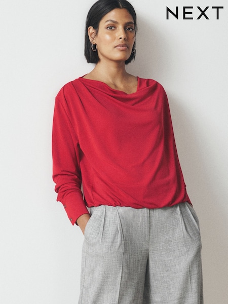 Red - Long Sleeved Drape Bubblehem Top