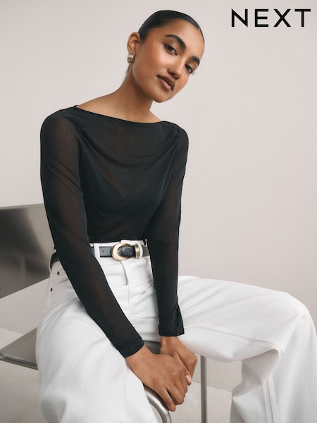 Black - Long Sleeved Mesh Slash Neck Top