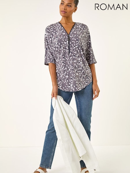 Roman Grey Printed Zip Front V-Neck Stretch Top (Y36961) | $99