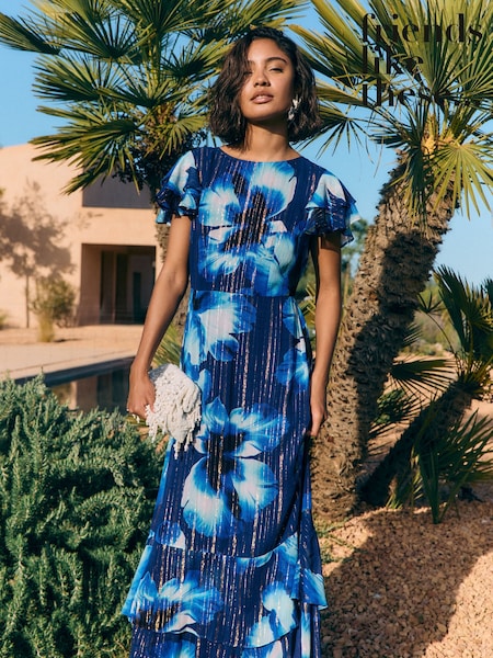 Cobalt Blue - Friends Like These Short Sleeve Ruffle Metallic Midi Dress