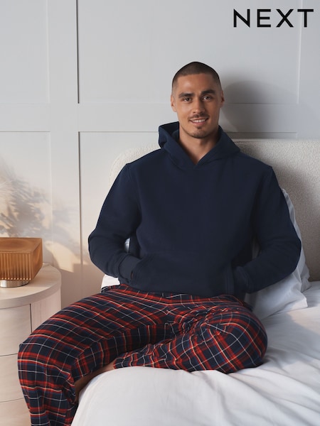Navy/Red - Regular Hoodie With Woven Pyjama Bottoms Set
