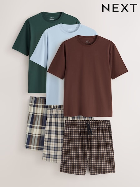 Blue/Green/Rust Brown - Regular Check Short Sleeve Jersey Pyjamas Set 3 Pack