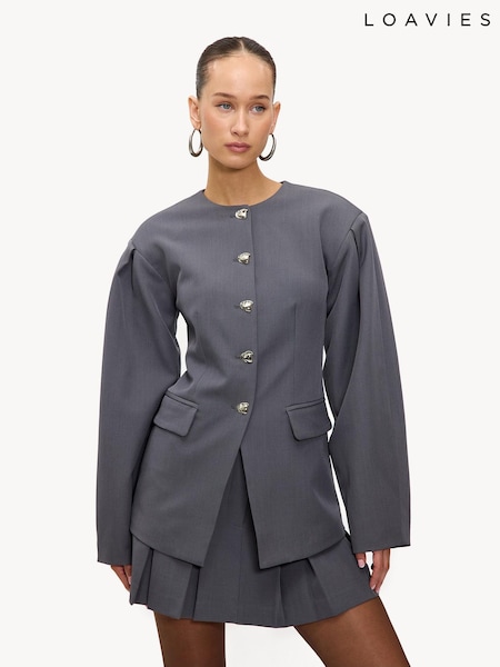 LOAVIES Grey Golden Winter Light Collarless Statement Button Blazer (Y37228) | ‏419 د.إ.‏