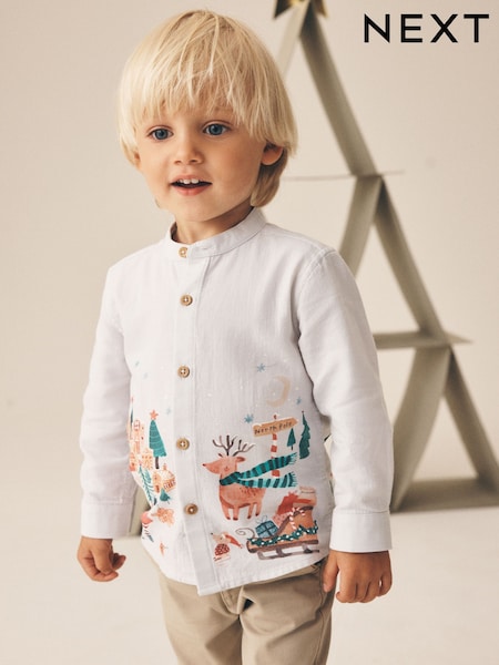 Light Grey Christmas Scene - Long Sleeve Grandad Collar Scene Printed Shirt (3mths-10yrs)