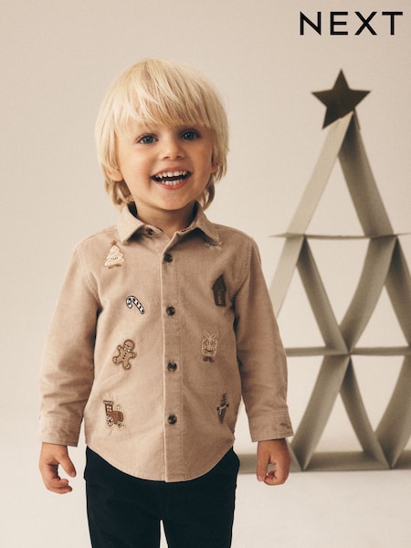 Tan Brown - Long Sleeve All Over Embroidery Christmas Shirt (3mths-10yrs)
