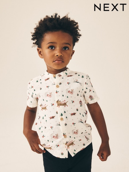 Ecru White - Short Sleeve Grandad Collar Christmas Shirt (3mths-10yrs)