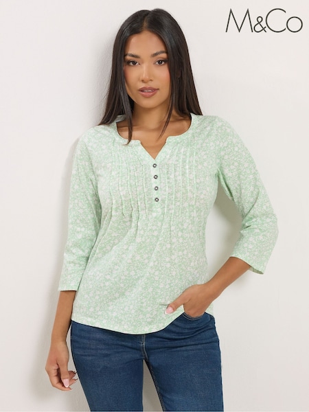 M&Co Green Petite 3/4 Sleeve Henley Top (Y37499) | ₪121