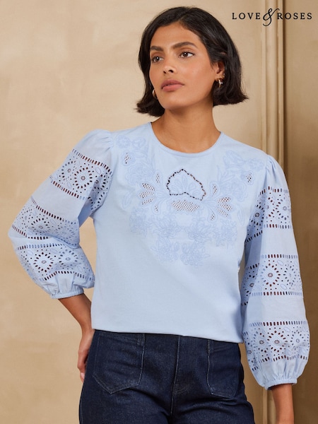 Pale Blue - Love & Roses Embroidered 3/4 Sleeve Top