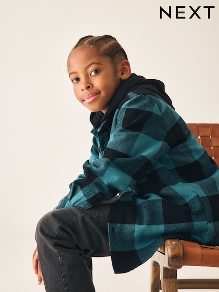 Teal Blue Check - Long Sleeve Hooded Shirt (3-16yrs)