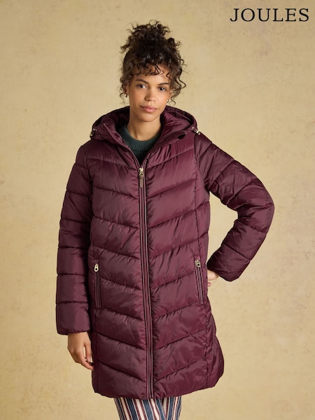 Burgundy Red - Joules Moorsdale Mid Length Showerproof Padded Coat With Hood