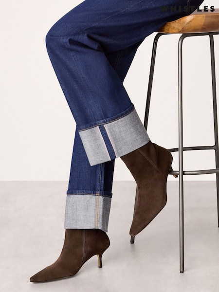 Whistles Brown Suede Pointed Kitten Heel Boots (Y37652) | €264
