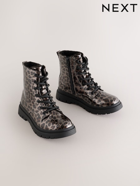 Mink Brown Leopard Print - Warm Lined Lace-up Boots