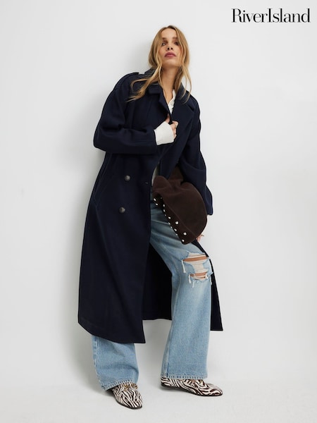 River Island Blue Double Breasted Belted Collar Trench Coat (Y37754) | $197