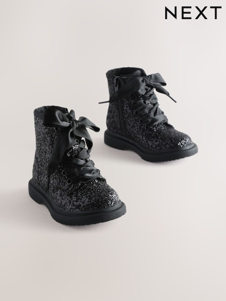 Black Glitter - Lace Up Ankle Boots