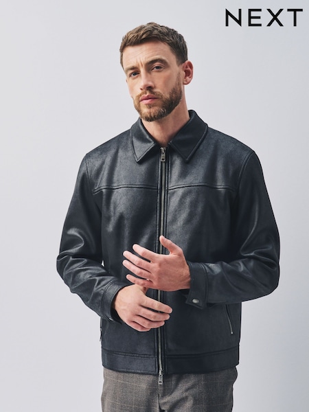 Μαύρο - Regular Faux Leather Zip Through Jacket