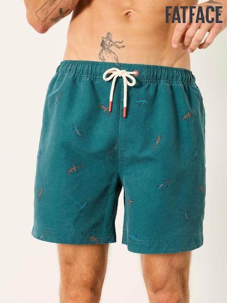 Donkerblauwgroen - Regular Fatface Lizard Printed Swim Shorts