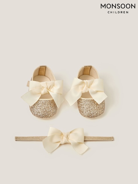 Monsoon Gold Baby Bow Glitter Headband & Booties Set (Y38001) | AED128