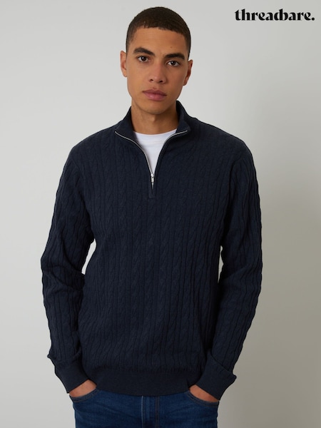 Navy Blå - Threadbare Cable Knit Quarter Zip Jumper (Y38055) | kr445