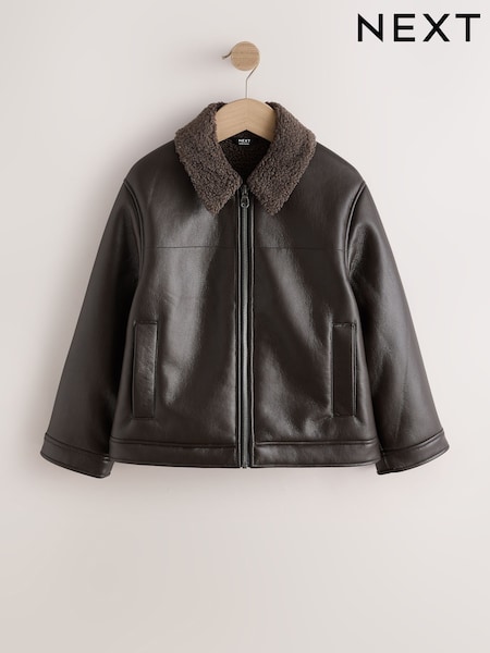 棕色 - Borg Collared Faux Leather Jacket (3-16yrs)