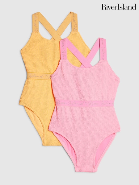 River Island Pink Logo Textured Swimsuit 2 Pack (Y38618) | AED175